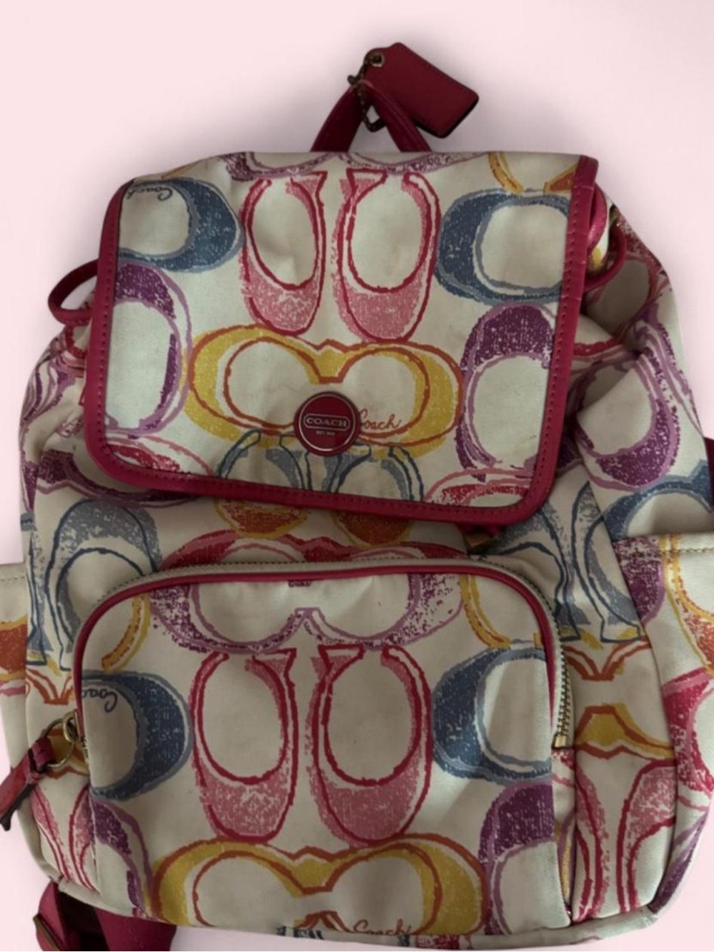 Coach Multicolor Signature Canvas Backpack with Pink Trim and Yellow Accents
